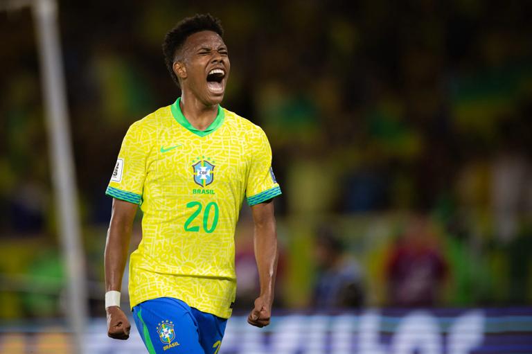 Estevao of Brazil celebrates during the South American FIFA World Cup 2026 Qualifier match against Chile on September 4, 2025. (Photo by Marco Galvao/Sports Press Photo/Getty Images)