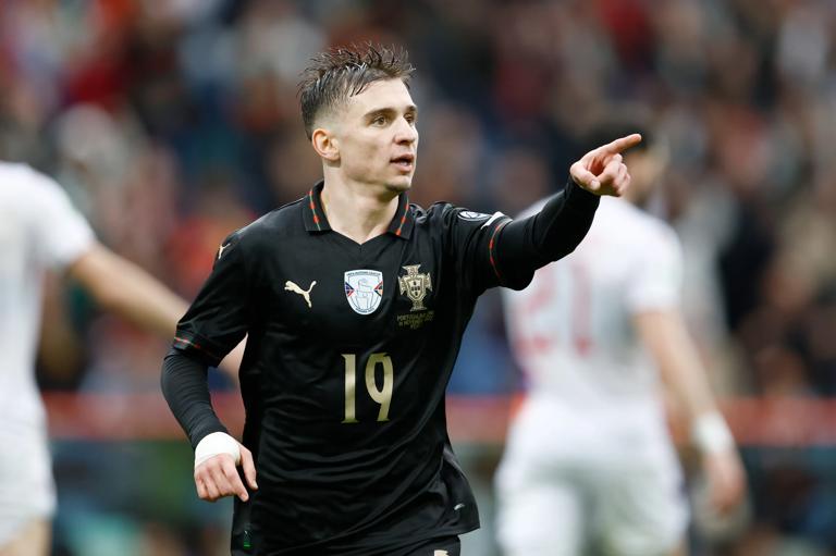 PORTO, PORTUGAL - NOVEMBER 16: Francisco Conceicao of Portugal celebrates 9-1  during the  World Cup Qualifier  match between Portugal  v Armenia  at the Estadio Do Dragao on November 16, 2025 in Porto Portugal (Photo by Eric Verhoeven/Soccrates /Getty Images)