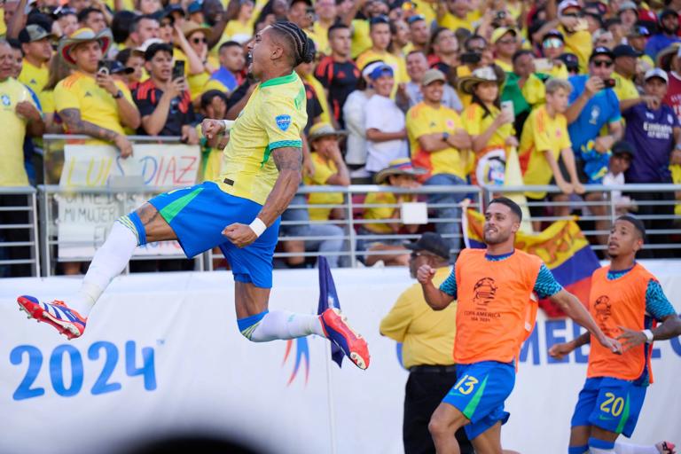RECORD DATE NOT STATED Copa America USA 2024 Brazil vs Colombia Raphinha celebrates his goal 1-0 of Brazil during the game between Brazil and Colombia as part of the CONMEBOL Copa America USA 2024 group D, at Levis Stadium, on July 02, 2024 in Santa Clara, California, United States. SANTA CLARA CALIFORNIA UNITED STATES PUBLICATIONxNOTxINxMEXxCHNxRUS Copyright: xJorgexMartinezx 20240702201648_CA_GD_2024_BRA_COL_RAPHINHA46