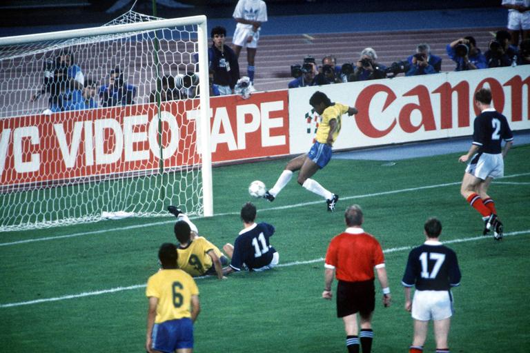 1990 World Cup Finals, Turin, Italy, 20th June, 1990, Brazil 1 v Scotland 0, Brazil's Muller scores the only goal late on in the game to eliminate Scotland from the tournament  (Photo by Bob Thomas Sports Photography via Getty Images)