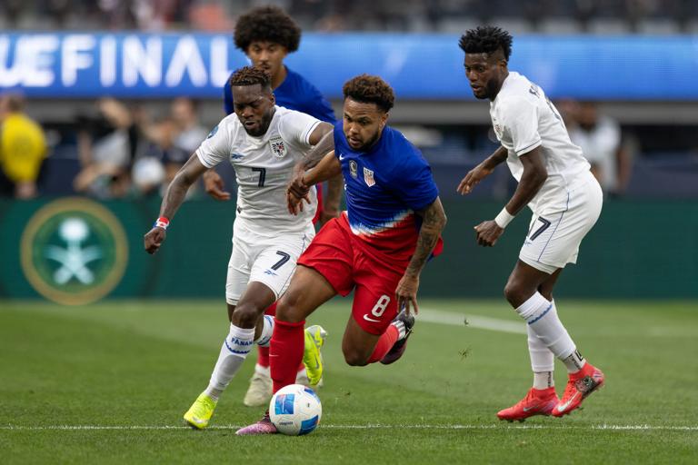INGLEWOOD, CA - MARCH 20: Weston McKennie #8 of the United States moves with the ball during a game between Panama and USMNT at SoFi Stadium on March 20, 2025 in Inglewood, California. (Photo by John Dorton/ISI Photos/USSF/Getty Images for USSF)
